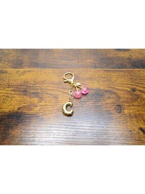 Gold Initial "C" Keychain With Pink Glitter Cherry Charm Lobster Clasp Design